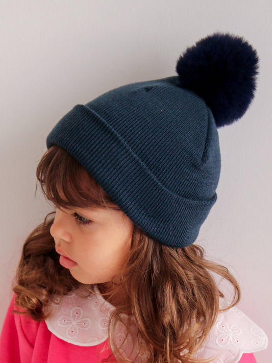 Navy Pom Pom Beanie